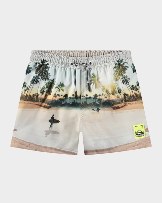 Boy's Niko Surf-Print Swim Shorts, Size 3T-6